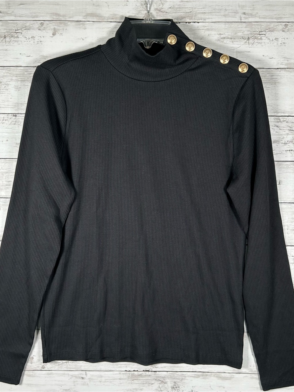 J.Crew Women's Ribbed Mock Neck Top Black Gold Button Shoulder Long Sleeve L NEW